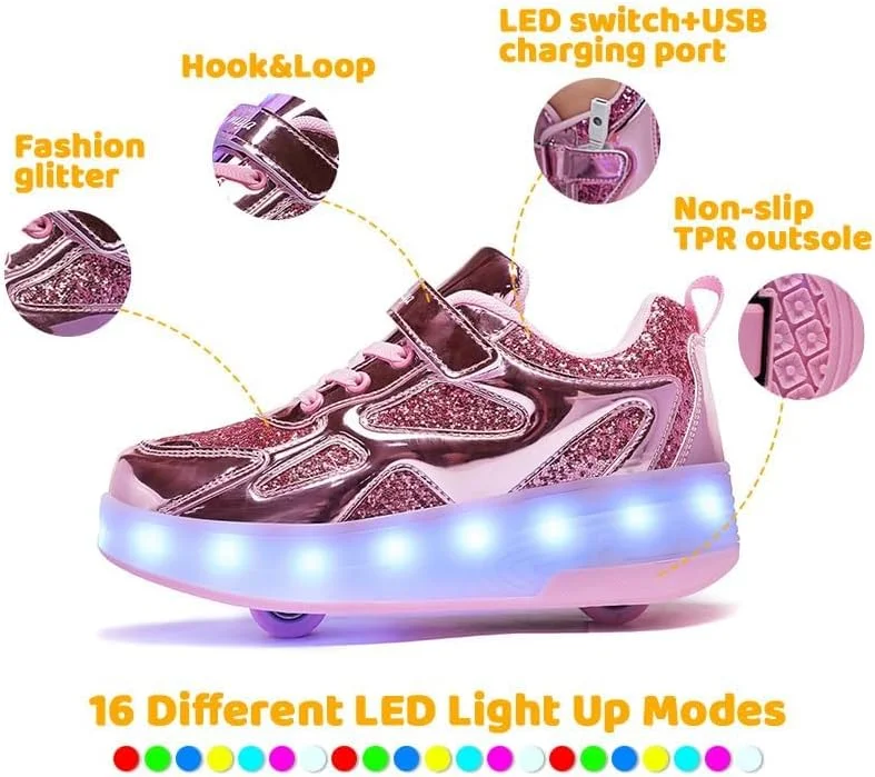 کفش اسکیت چرخ دار LED Wooowyet برای کودکان پسرانه دخترانه، کفش های کتانی مد روز روشن با چرخ، شارژی USB با بست قلاب و حلقه