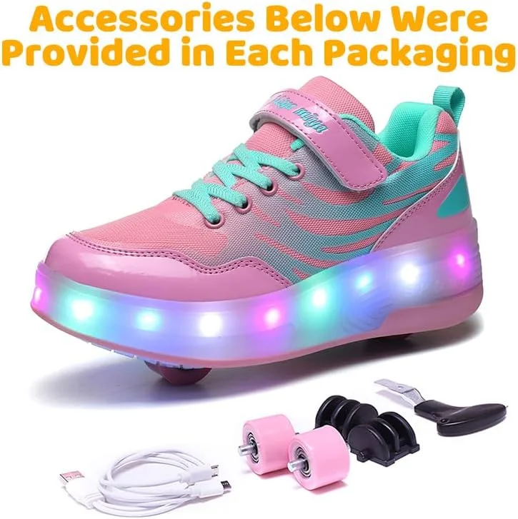 کفش اسکیت غلتکی ال ای دی Wooowyet برای کودکان پسران دختران، کفش های کتانی مد روز روشن با چرخ، کفش های غلتکی چرخ دار USB قابل شارژ با چسب ولکرو