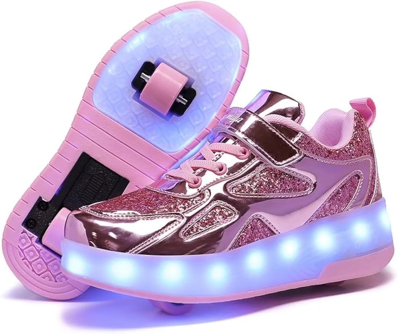 کفش اسکیت چرخ دار LED Wooowyet برای کودکان دختر و پسر، کفش های کتانی مد روز چراغ دار با چرخ، شارژی USB با بست قلاب و حلقه