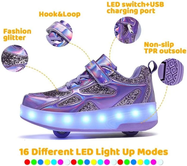کفش اسکیت غلتکی LED Wooowyet برای کودکان پسران دختران، کفش های کتانی مد روز روشن با چرخ، کفش های چرخ دار قابل شارژ USB با چسب ولکرو