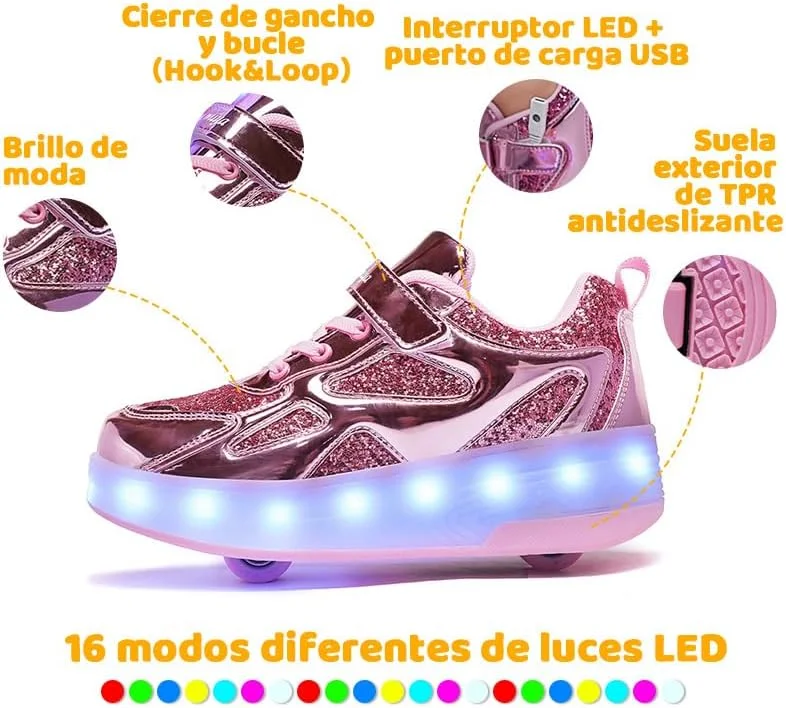کفش اسکیت غلتکی LED Wooowyet با چرخ برای دختران، پسران و کودکان، کفش ورزشی چراغ دار، کفش های غلتکی چرخ دار با پاشنه، USB قابل شارژ، تنیس پاتینز پارا نیناس صورتی سایز 5 بچه های بزرگ