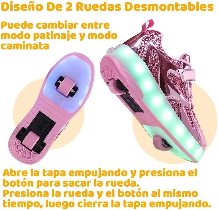کفش اسکیت غلتکی LED Wooowyet با چرخ برای دختران، پسران و کودکان، کفش ورزشی چراغ دار، کفش های غلتکی چرخ دار با پاشنه، USB قابل شارژ، تنیس پاتینز پارا نیناس صورتی سایز 5 بچه های بزرگ