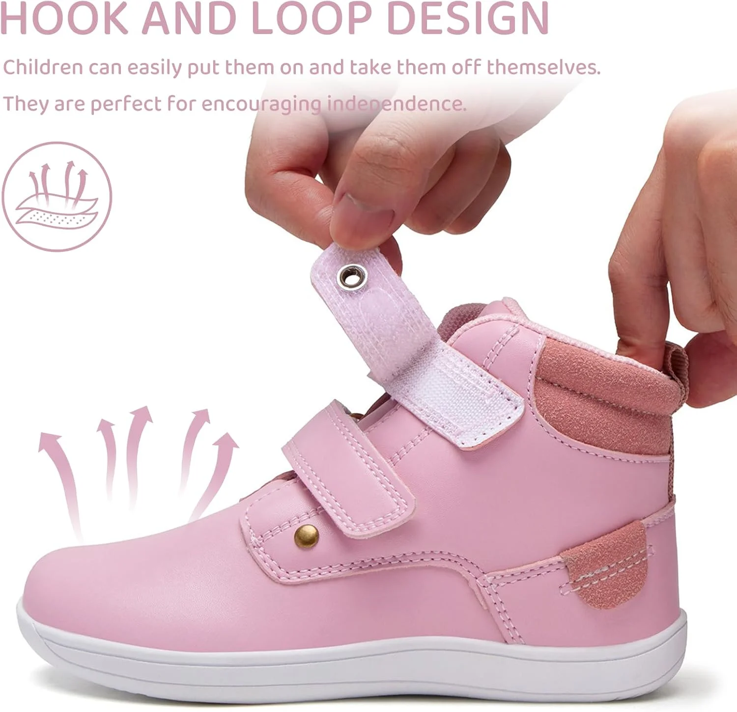 کفش‌های پهن و پابرهنه بچه‌گانه WateLves، کفش کتانی ساق بلند دخترانه و پسرانه با چسب ولکرو، کفش‌های پیاده‌روی سبک و راحت، صورتی، سایز 8 پهن بچه‌گانه