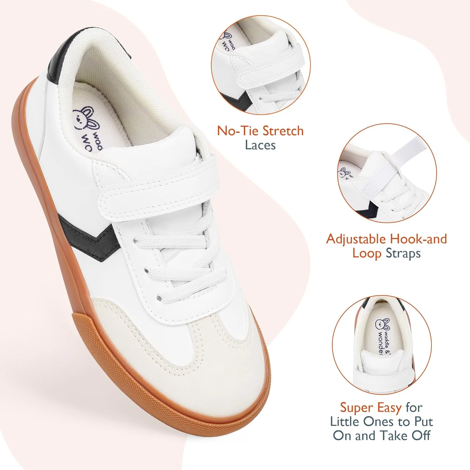 کفش های اسلیپ آن کودکانه Waddle Wonder برای پسران و دختران، کفش کتانی مدرسه تنیس پیاده روی چسبی برای کودکان کفش های غیر لغزنده کلاسیک مشکی و سفید سایز 36 EU