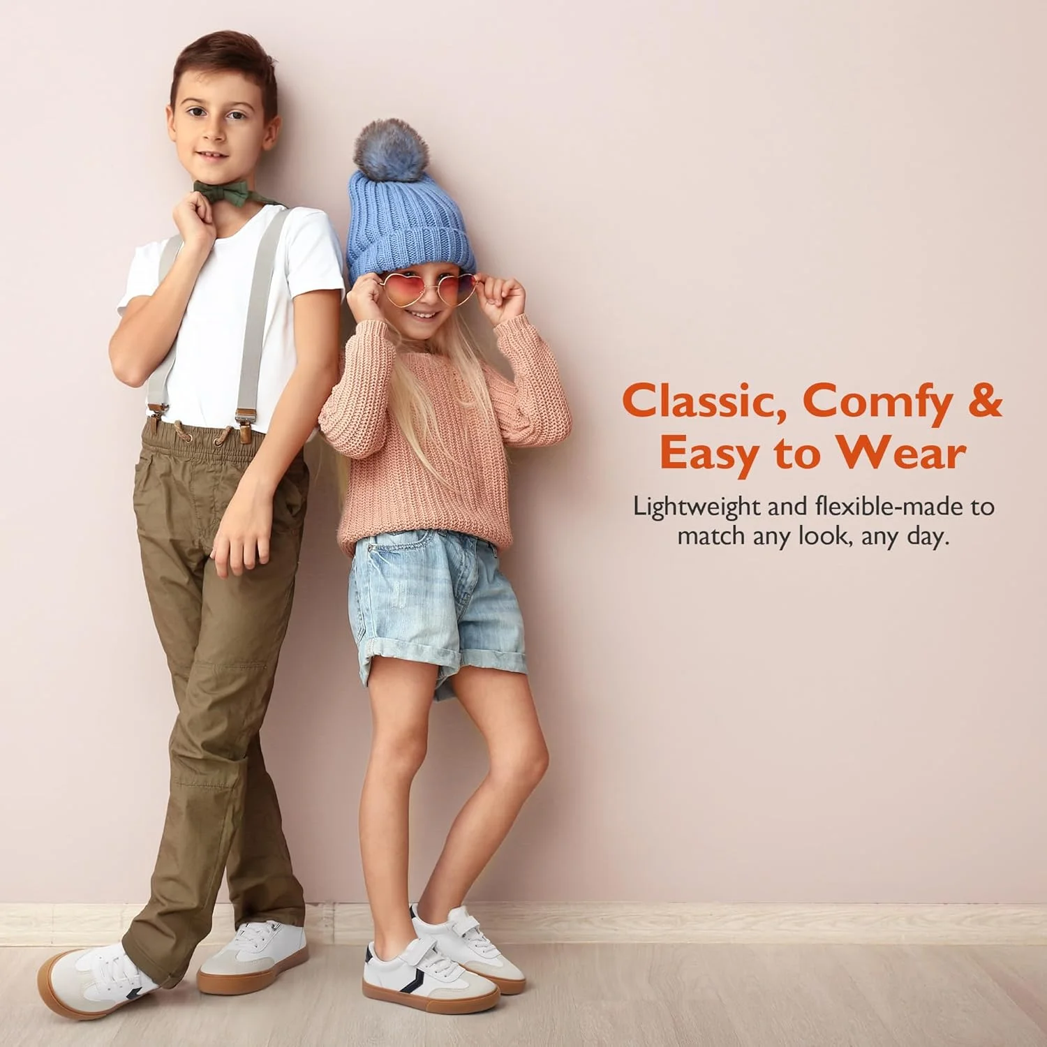 کفش های راحتی بچگانه Waddle Wonder برای پسران و دختران، کفش کتانی مدرسه ای چسبی برای پیاده روی کودکان، کفش های کلاسیک غیر لغزنده مشکی و سفید