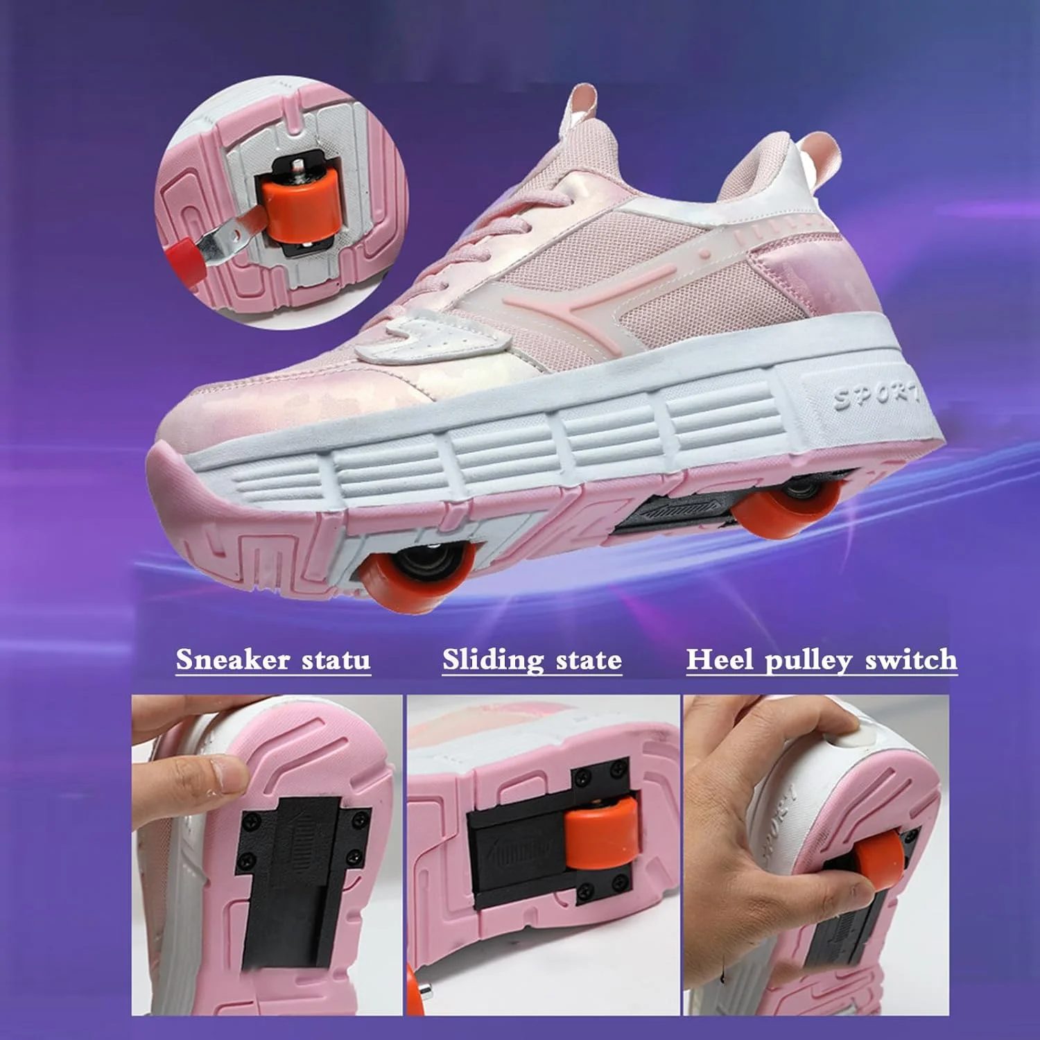 کفش های اسکیت آموزشی با چرخ های جمع شونده، کفش های اسکیت غلتکی شارژی LED، کفش اسکیت غلتکی LED دو چرخ، دوام طولانی مدت، برای پسران و دختران