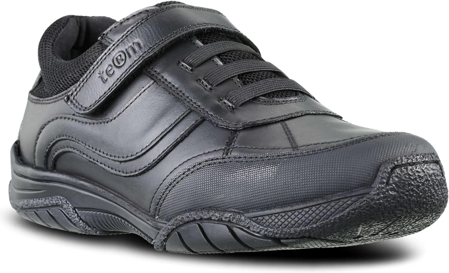 ترم مکس - کفش مدرسه پسرانه - کفش مدرسه چرم مشکی اصل با کفی مموری فوم - بندهای قابل تنظیم دوبل - زیره چسبنده با محافظت بیشتر از انگشتان پا