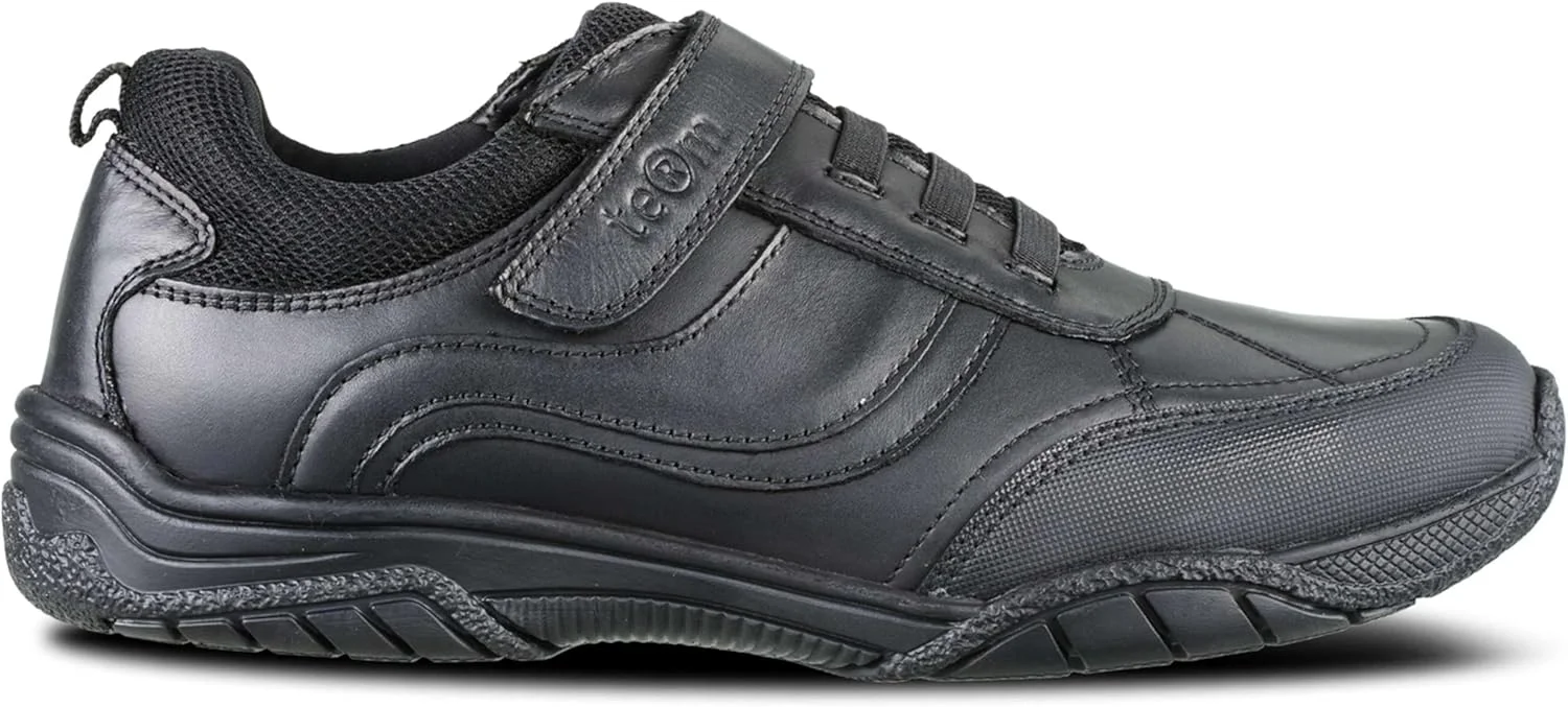 ترم مکس - کفش مدرسه پسرانه - کفش مدرسه چرم مشکی اصل با کفی مموری فوم - بندهای قابل تنظیم دوبل - زیره چسبنده با محافظت بیشتر از انگشتان پا