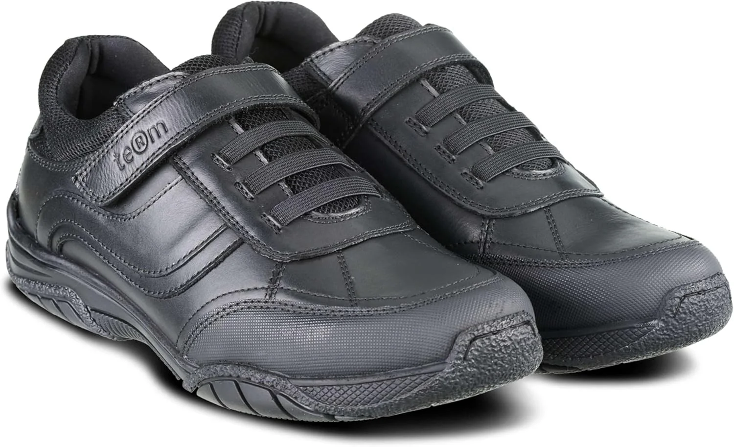 ترم مکس - کفش مدرسه پسرانه - کفش مدرسه چرم مشکی اصل با کفی مموری فوم - بندهای قابل تنظیم دوبل - زیره چسبنده با محافظت بیشتر از انگشتان پا