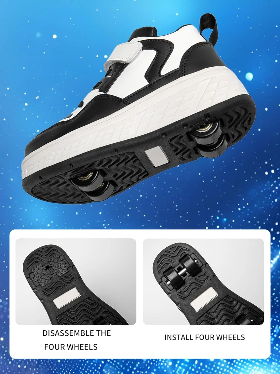کفش‌های کتانی چرخ‌دار نوجوانان برای استفاده روزمره، غیررسمی و همه‌کاره، با مواد مقاوم در برابر خراش، سبک و تنفس‌پذیر، نوار چسبی جادویی قابل تنظیم، داخل راحت و زیره ضد لغزش