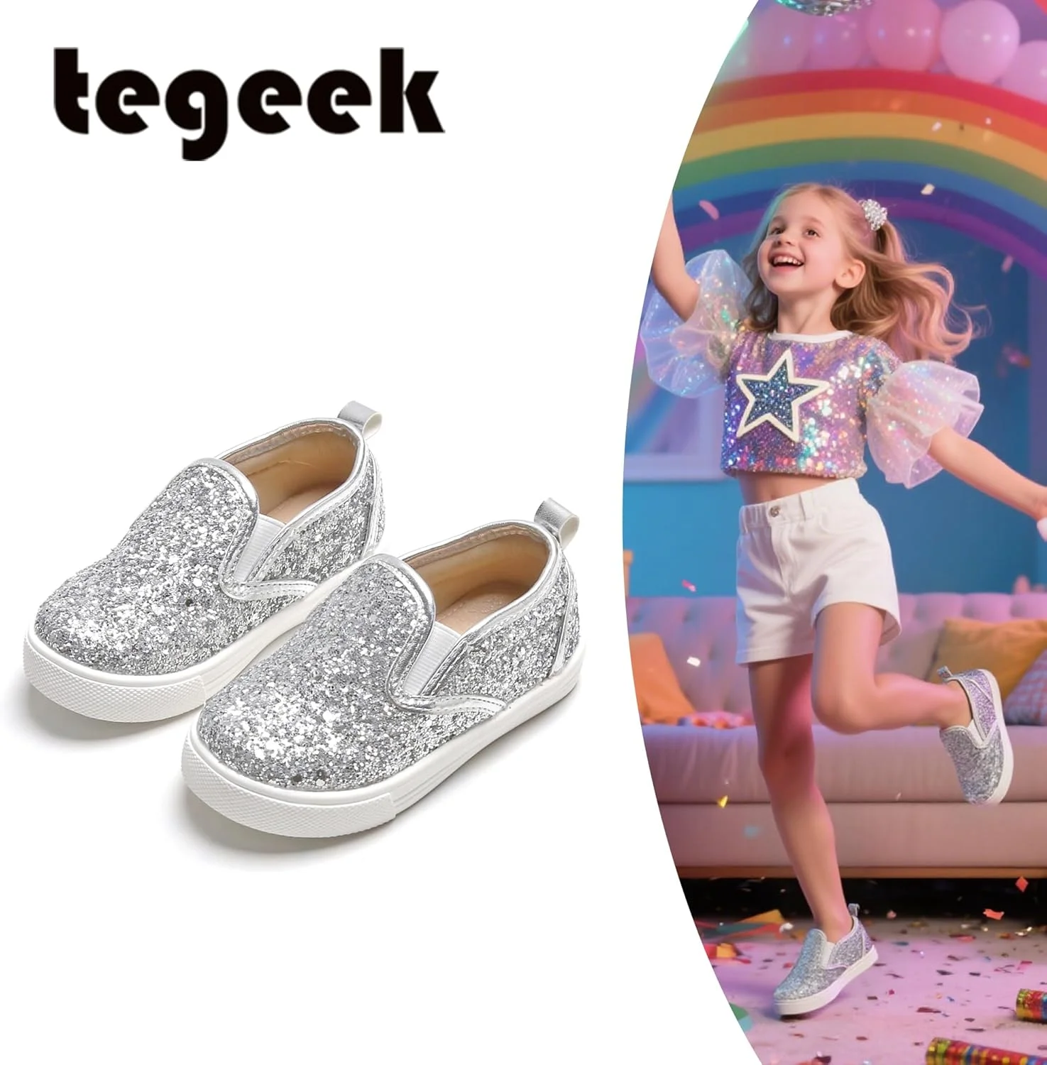 کفش پیاده روی دخترانه Tegeek، مدل پولکی و اکلیلی، مناسب کودکان کفش پیاده روی دخترانه Tegeek، مدل پولکی و اکلیلی، مناسب کودکان