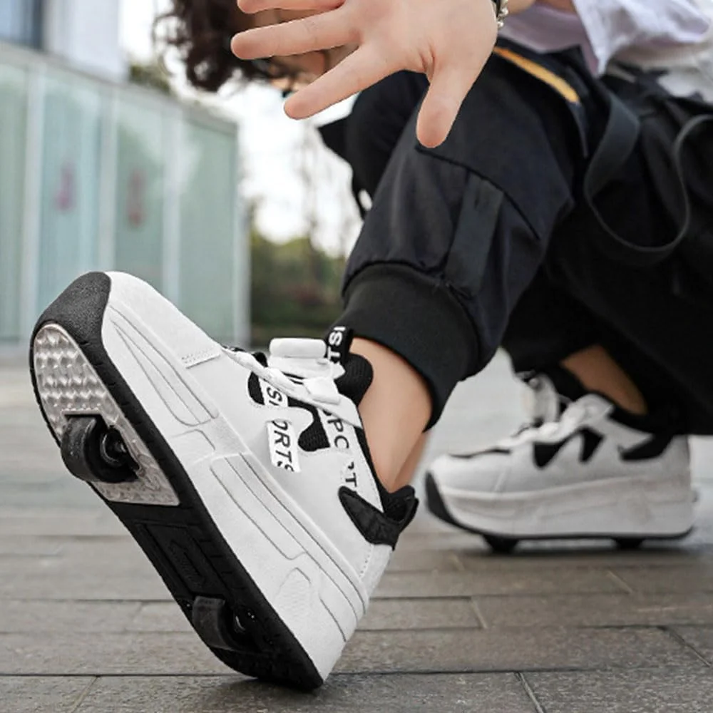 کفش های اسکیت غلتکی بچه گانه، کتانی پسرانه و دخترانه، کفش های پارکور فضای باز با 2 چرخ برای پسران و دختران، کفش های اسکیت بورد یونیسکس جمع شونده برای ورزش های پارکی و پیاده روی کودکان