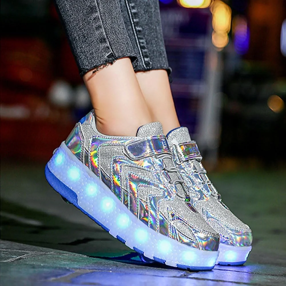 کفش های اسکیت غلتکی بچه گانه، کتانی برای پسران و دختران، USB شارژ چند رنگ LED خودکار جمع شونده اسکیت های فنی برای روشن کردن کتانی براق برای پسران دختران هدیه جدید