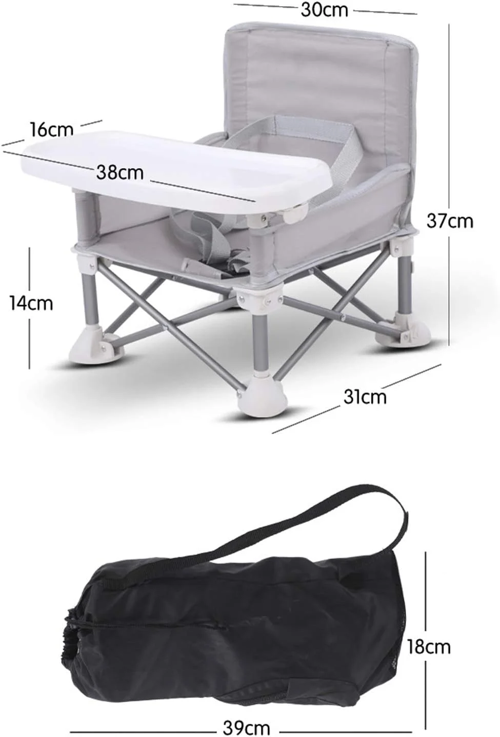 صندلی بوستر مسافرتی کودک U HOOME با سینی | صندلی تاشو قابل حمل برای غذا خوردن، کمپینگ، ساحل، چمن، خانه مادربزرگ | طراحی بدون واژگونی با بند به صندلی های آشپزخانه - صندلی بلند همه جا رو - خاکستری