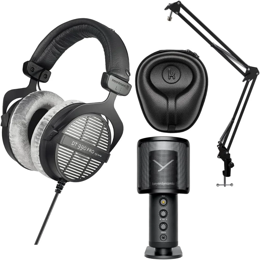 هدفون آکوستیک باز بیرداینامیک DT-990 Pro (خاکستری، 250 اهم) به همراه میکروفون استودیویی، پایه میکروفون و کیف محافظ هدفون (4 تکه)