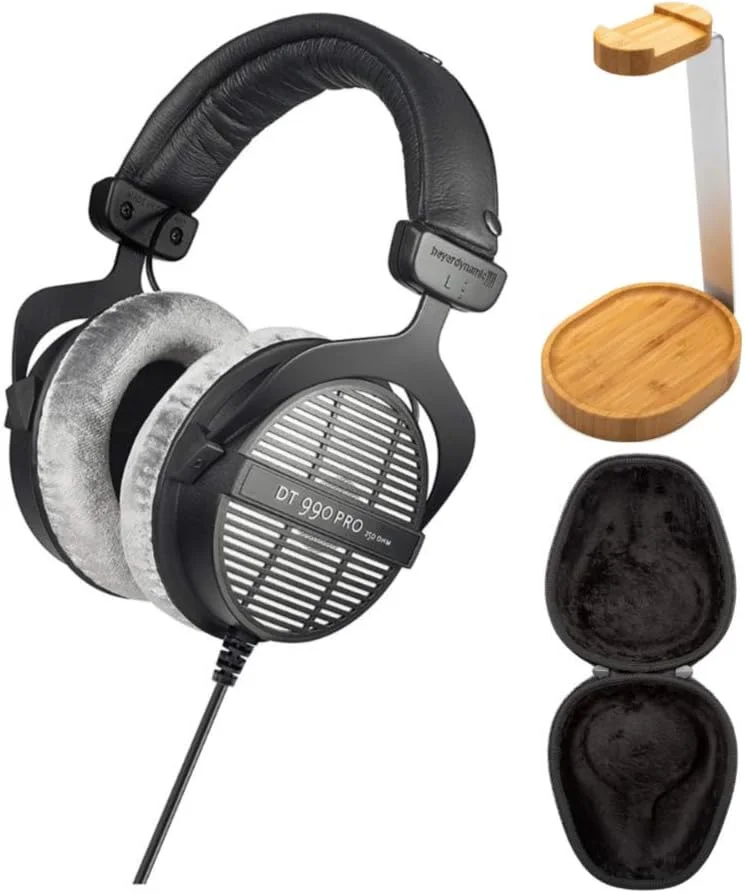 هدفون آکوستیک باز بیرداینامیک DT-990 Pro (250 اهم) به همراه کیف محافظ هارد شل Knox Gear و پایه هدفون چوبی (3 تکه)