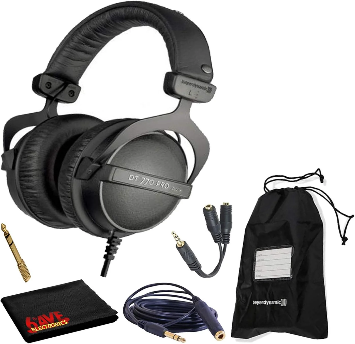 هدفون استودیویی پشت بسته بیرداینامیک DT 770 Pro 32 اهم به همراه کیف بند دار نرم، اسپلیتر هدفون، کابل افزایش طول 1.5 متری و پارچه تمیز کننده 6AVE