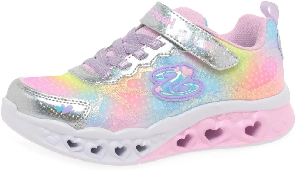 کفش دخترانه اسکیچرز مدل Flutter Heart Lights Simply Love، نقره ای توری مصنوعی، سایز 30 اروپا
