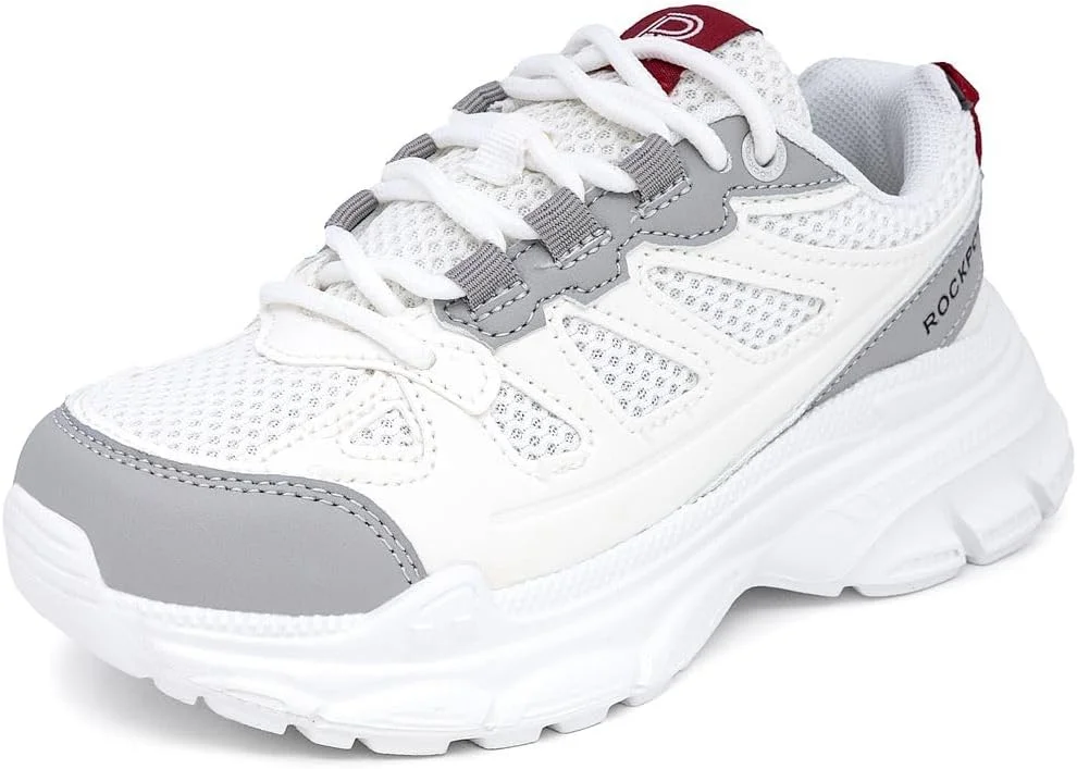 کفش ورزشی پسرانه راکپورت - طراحی توری بادوام و تنفسی با زیره بالشتکی برای راحتی - کفش های ورزشی برای پیاده روی، دویدن و مدرسه بند دار/بانجی (بچه های بزرگ و بچه های کوچک)، سفید خاکستری، سایز 5
