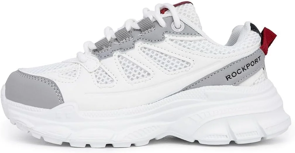 کفش ورزشی پسرانه راکپورت - طراحی توری بادوام و تنفسی با زیره بالشتکی برای راحتی - کفش های ورزشی برای پیاده روی، دویدن و مدرسه بند دار/بانجی (بچه های بزرگ و بچه های کوچک)، سفید خاکستری، سایز 5