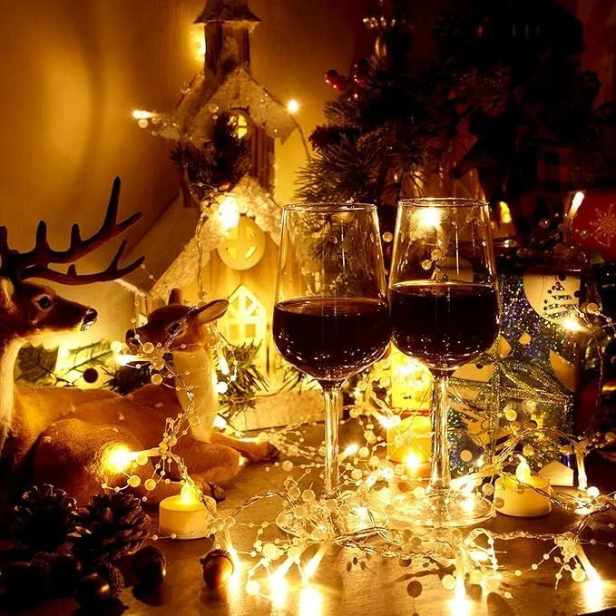 چراغ‌های رشته‌ای مرواریدی GGEROU، 6.5 فوت 20 چراغ LED با باتری، ریسه مرواریدی سفید با تایمر برای عروسی، جشن کریسمس، تولد، سال نو، دکوراسیون شومینه خانگی DIY