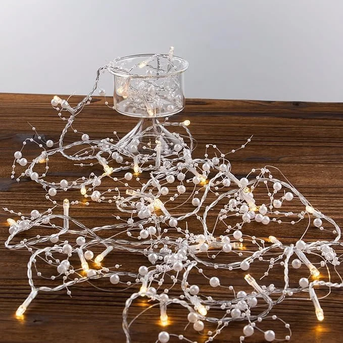 چراغ‌های رشته‌ای مرواریدی GGEROU، 6.5 فوت 20 چراغ LED با باتری، ریسه مرواریدی سفید با تایمر برای عروسی، جشن کریسمس، تولد، سال نو، دکوراسیون شومینه خانگی DIY