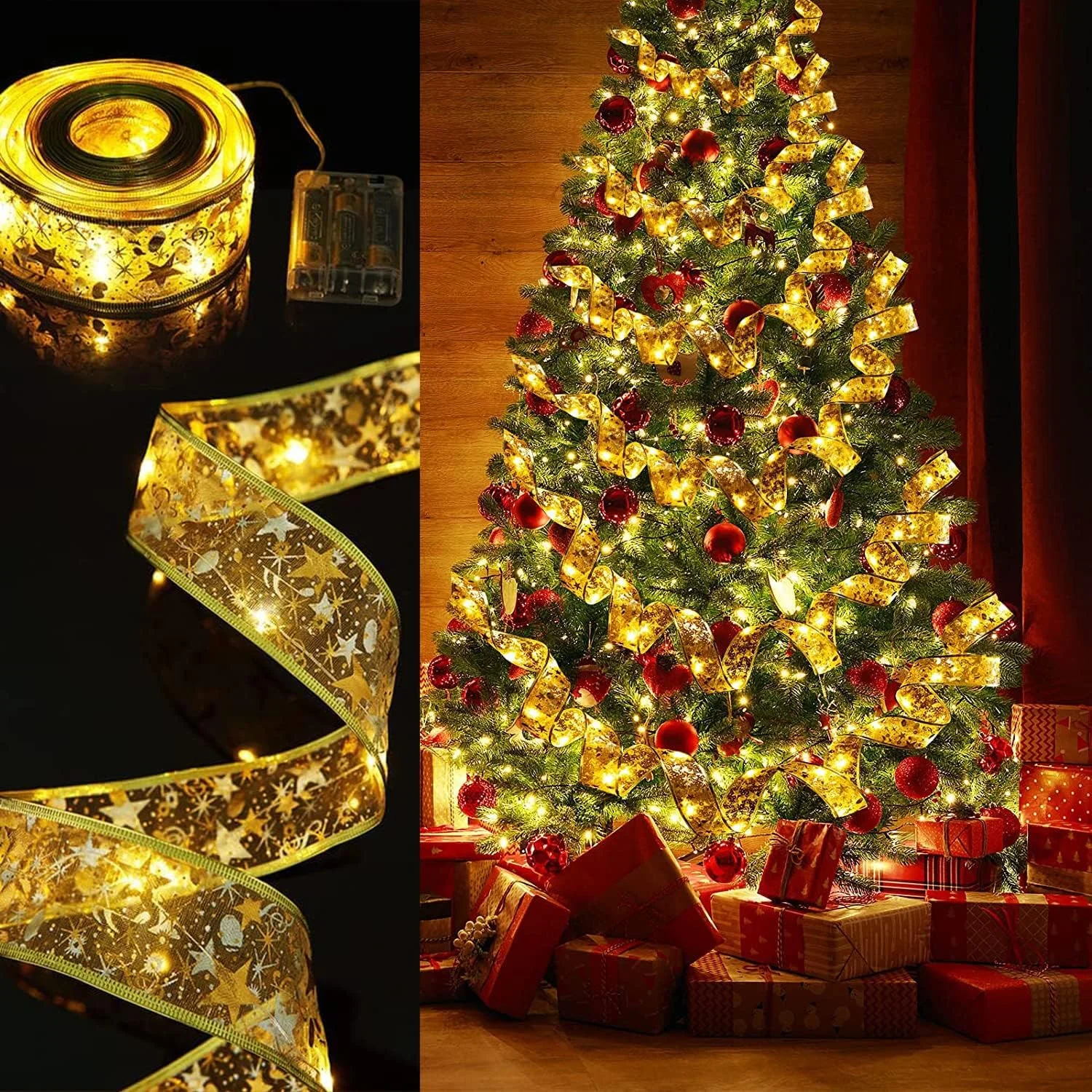 چراغ های روبانی کریسمس GGEROU، 32.8 فوت/10 متر چراغ روبانی برای تزئین درخت کریسمس، پاپیون های سیم مسی دو لایه ریسه های پری برای عروسی ها سال نو کریسمس (طلایی)