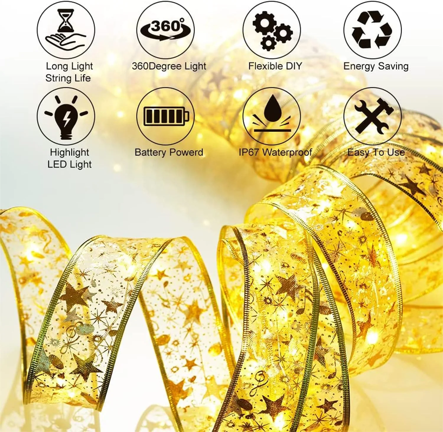 چراغ های روبانی کریسمس GGEROU، 32.8 فوت/10 متر چراغ روبانی برای تزئین درخت کریسمس، پاپیون های سیم مسی دو لایه ریسه های پری برای عروسی ها سال نو کریسمس (طلایی)