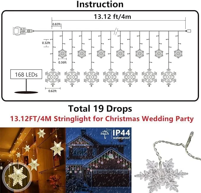 چراغ های ریسه ای دانه برف کریسمس GGEROU - چراغ های یخی دانه برفی LED به طول 4 متر با 19 آویز، 8 حالت نور پری پرده ای قابل اتصال برای اتاق خواب/عروسی/مهمانی (نور گرم، کنترل از راه دور)