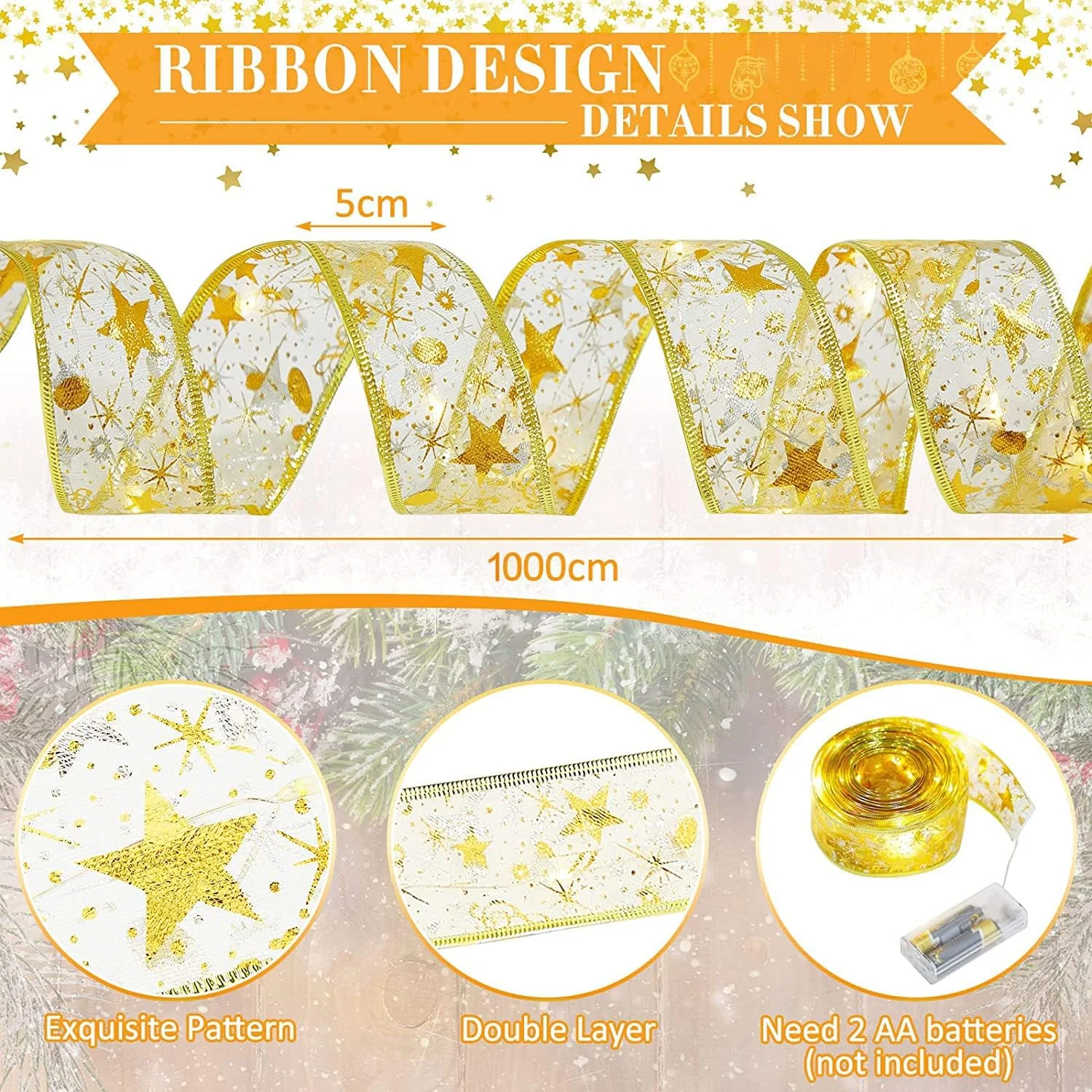 چراغ های روبانی کریسمس GGEROU، 32.8 فوت/10 متر چراغ روبانی برای تزئین درخت کریسمس، پاپیون های سیم مسی دو لایه ریسه های پری برای عروسی ها سال نو کریسمس (طلایی)