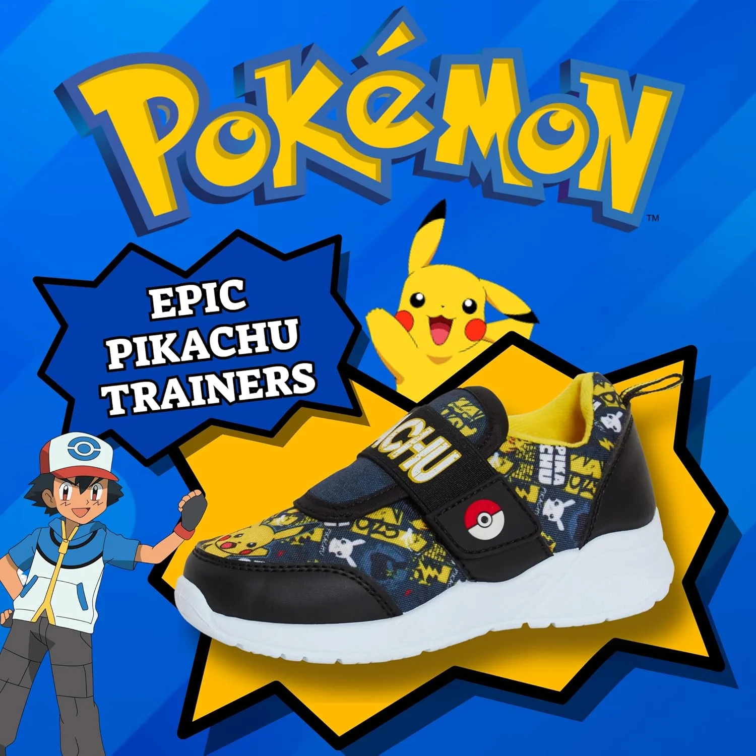 کفش ورزشی پوکمون پسرانه، طرح پیکاچو، چسبی، مناسب دویدن، مشکی، سایز 9