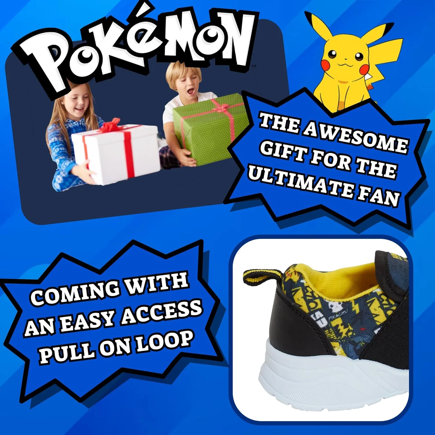 کفش ورزشی پوکمون پسرانه، طرح پیکاچو، چسبی، مناسب دویدن، مشکی، سایز 9