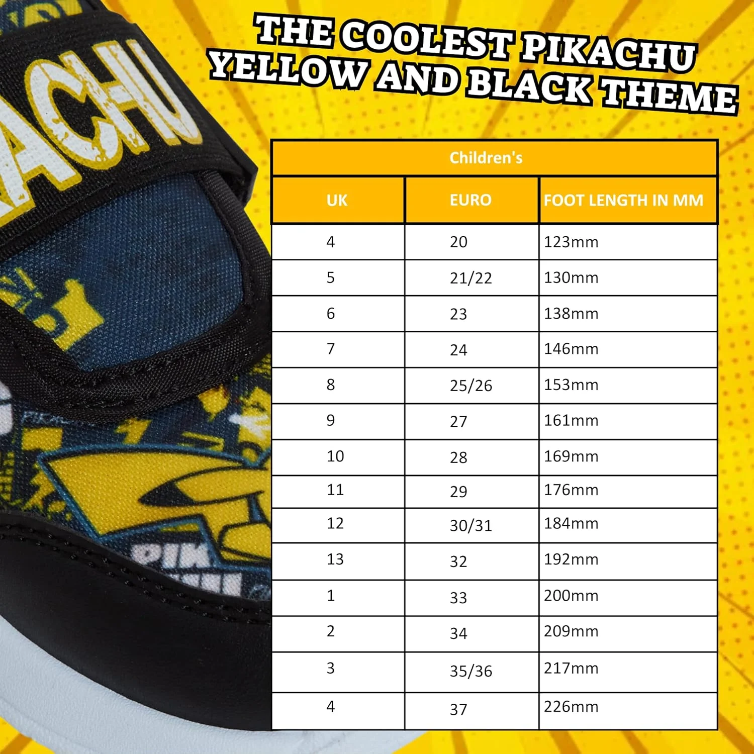 کفش ورزشی پوکمون پسرانه، طرح پیکاچو، چسبی، مناسب دویدن، مشکی، سایز 9