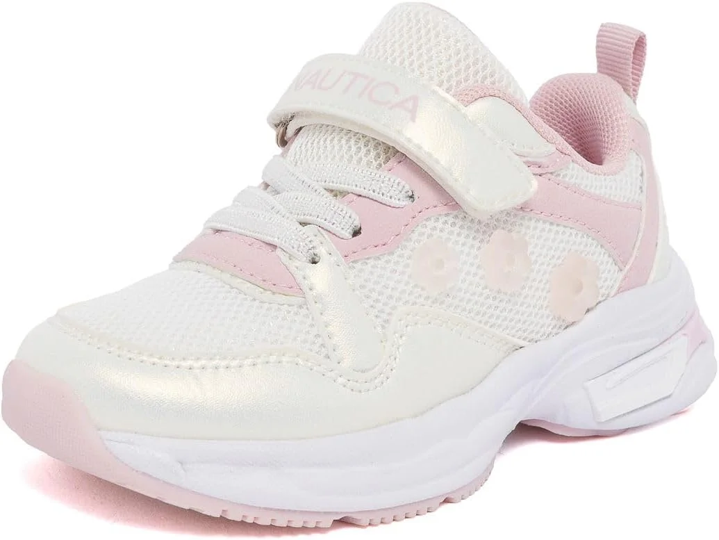 کفش ورزشی دخترانه ناتیکا - کفش های راحت دویدن با بند چسبی قابل تنظیم، سایزهای کودکان نوپا/بچه های کوچک، سفید صورتی رنگین کمانی، سایز 6 کودک نوپا