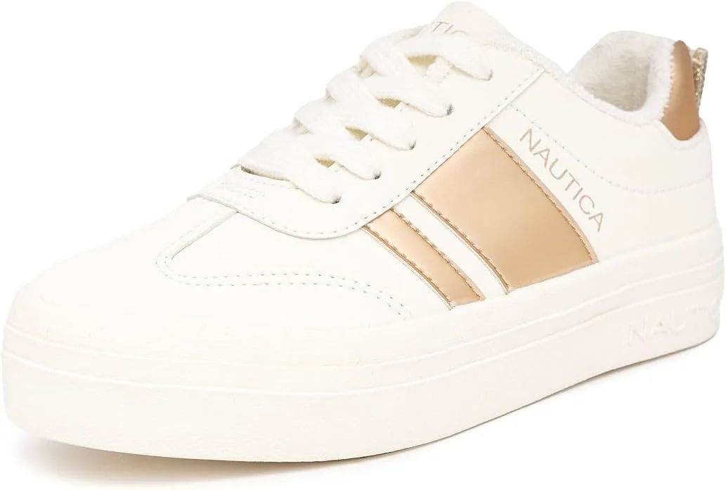 کفش های فشن روزمره دخترانه Nautica - کفش های کتانی راحت با زیره پلتفرم و بند برای پیاده روی و خیابان برای کودکان - تنفس پذیر، سبک وزن و انعطاف پذیر - ساق کوتاه - Scott-Bone Pale Gold - سایز 5