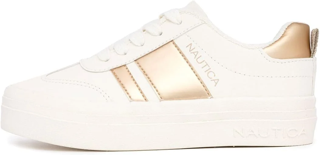 کفش های فشن روزمره دخترانه Nautica - کفش های کتانی راحت با زیره پلتفرم و بند برای پیاده روی و خیابان برای کودکان - تنفس پذیر، سبک وزن و انعطاف پذیر - ساق کوتاه - Scott-Bone Pale Gold - سایز 5