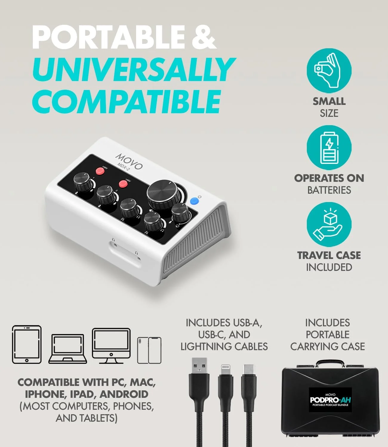 بسته تجهیزات پادکست قابل حمل Movo برای گوشی های آیفون/اندروید - کیت پادکست با رابط صوتی، 2 میکروفون دینامیک CastMic، 2 هدفون، 2 بازوی بوم - برای گوشی های هوشمند، کامپیوترها، PC و Mac بسته تجهیزات پادکست قابل حمل Movo برای گوشی های آیفون/اندروید - کیت پادکست با رابط صوتی، 2 میکروفون دینامیک CastMic، 2 هدفون، 2 بازوی بوم - برای گوشی های هوشمند، کامپیوترها، PC و Mac