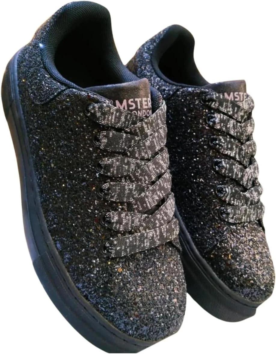 کفش اسنیکر فانتزی هامستر لندن مدل Mousehole Glitter Party، بنددار، مناسب دختر و پسر، تنفس‌پذیر، مشکی، سایز 3 UK
