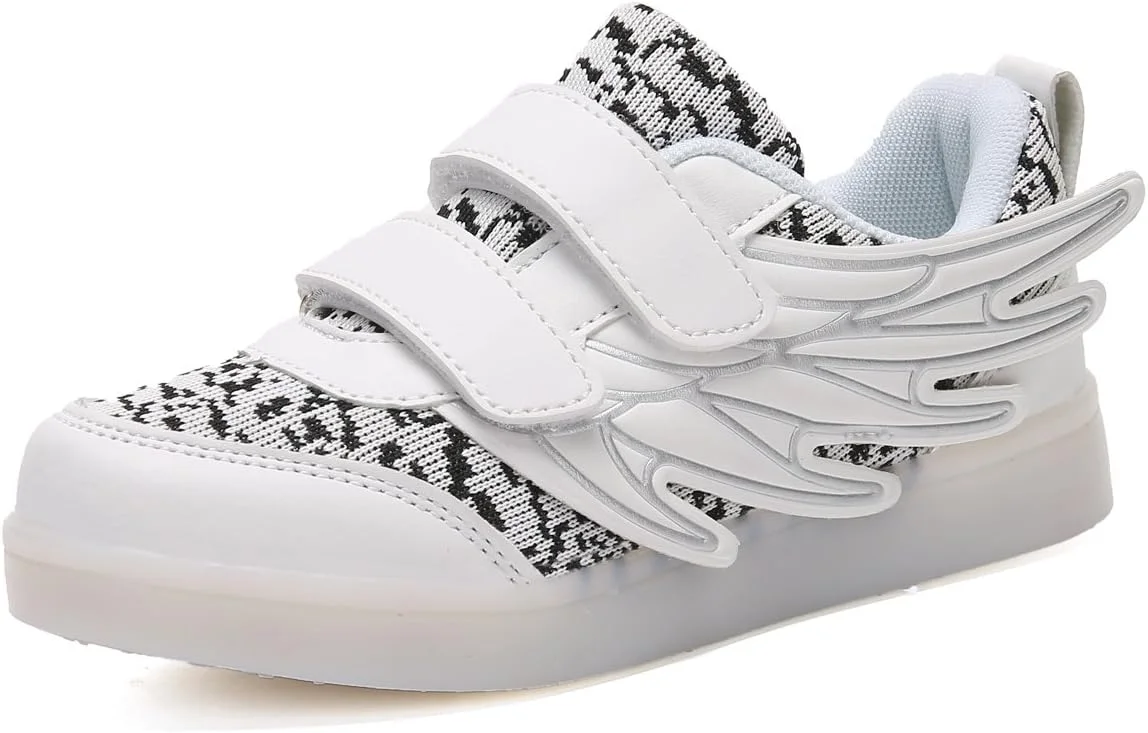 کفش های ال ای دی اسپرت LJ پسرانه دخترانه چراغ دار بالدار شارژ USB کفش های درخشان (سایز 32 اروپا/ 13 انگلیس، سفید)