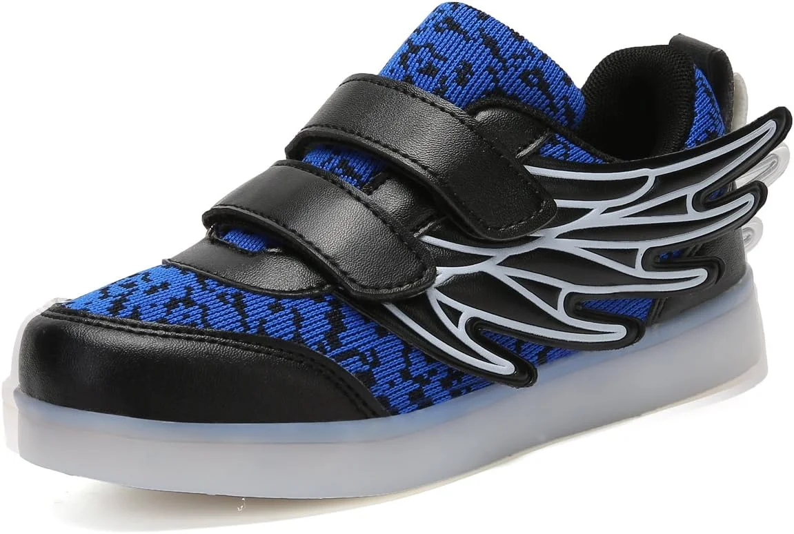 کفش ال ای دی اسپرت LJ برای کودکان پسر و دختر، کفش های کتانی چراغ دار با بال، شارژ USB، کفش های درخشان (سایز UK 11.5/EU 30، مشکی+آبی)