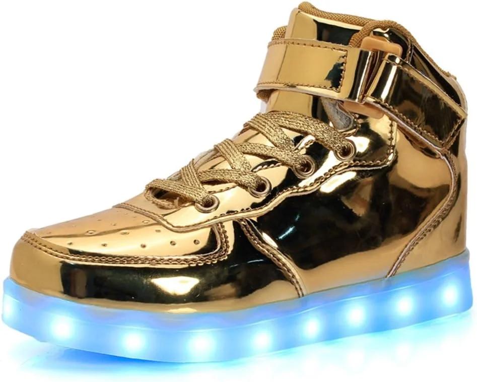 کفش LED اسپرت یونیسکس مدل High Top با قابلیت نورپردازی USB، مناسب پسران و دختران، 7 رنگ (سایز 43 زنانه / 9 مردانه، طلایی)
