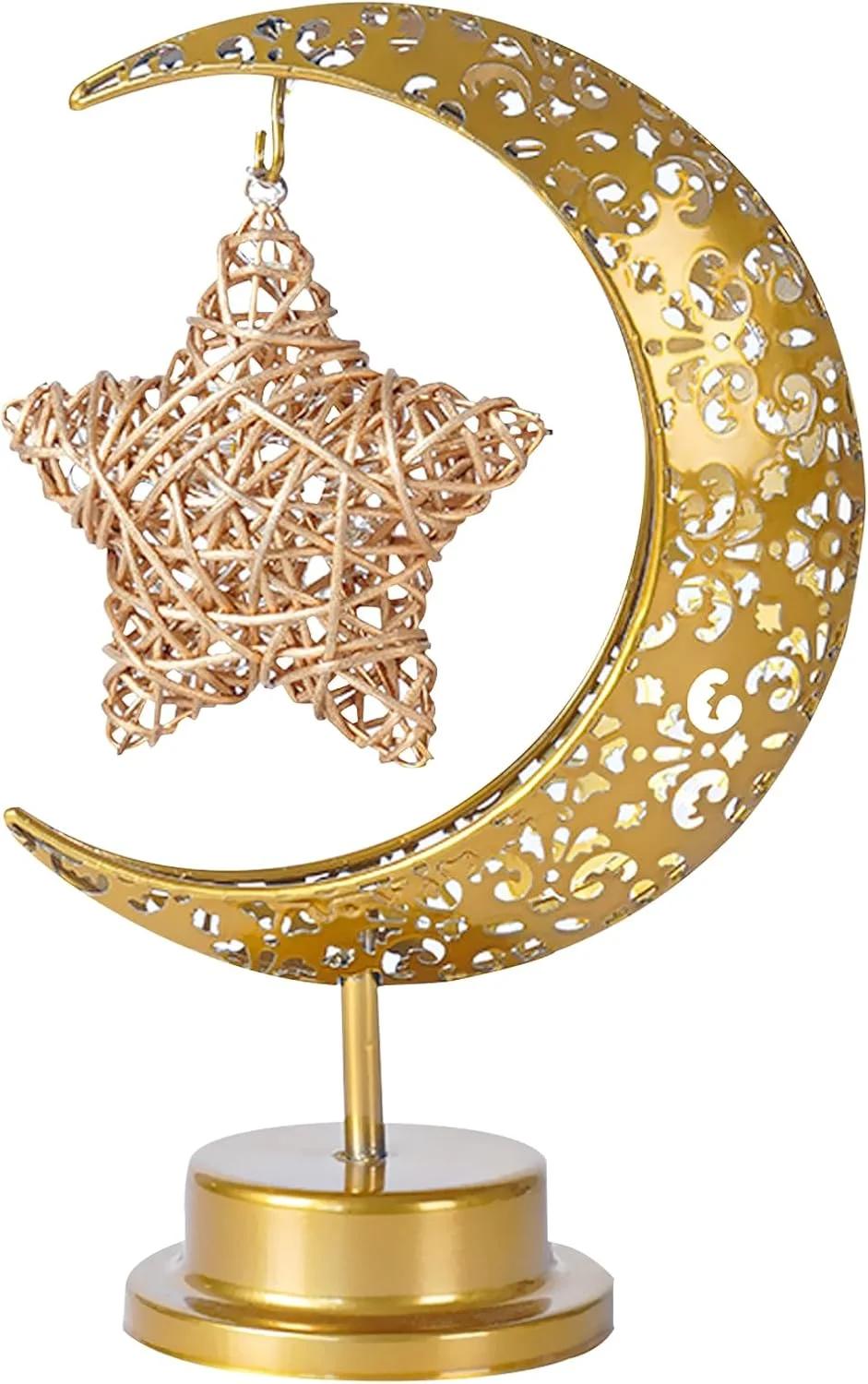 چراغ ماه و ستاره Beauenty، چراغ خواب دکوراسیون عید، چراغ های تزئینی جشن رمضان، چراغ های مدل سازی جو، چراغ LED ماه و ستاره طلایی رومیزی با باتری، چراغ پری (سبک 1)