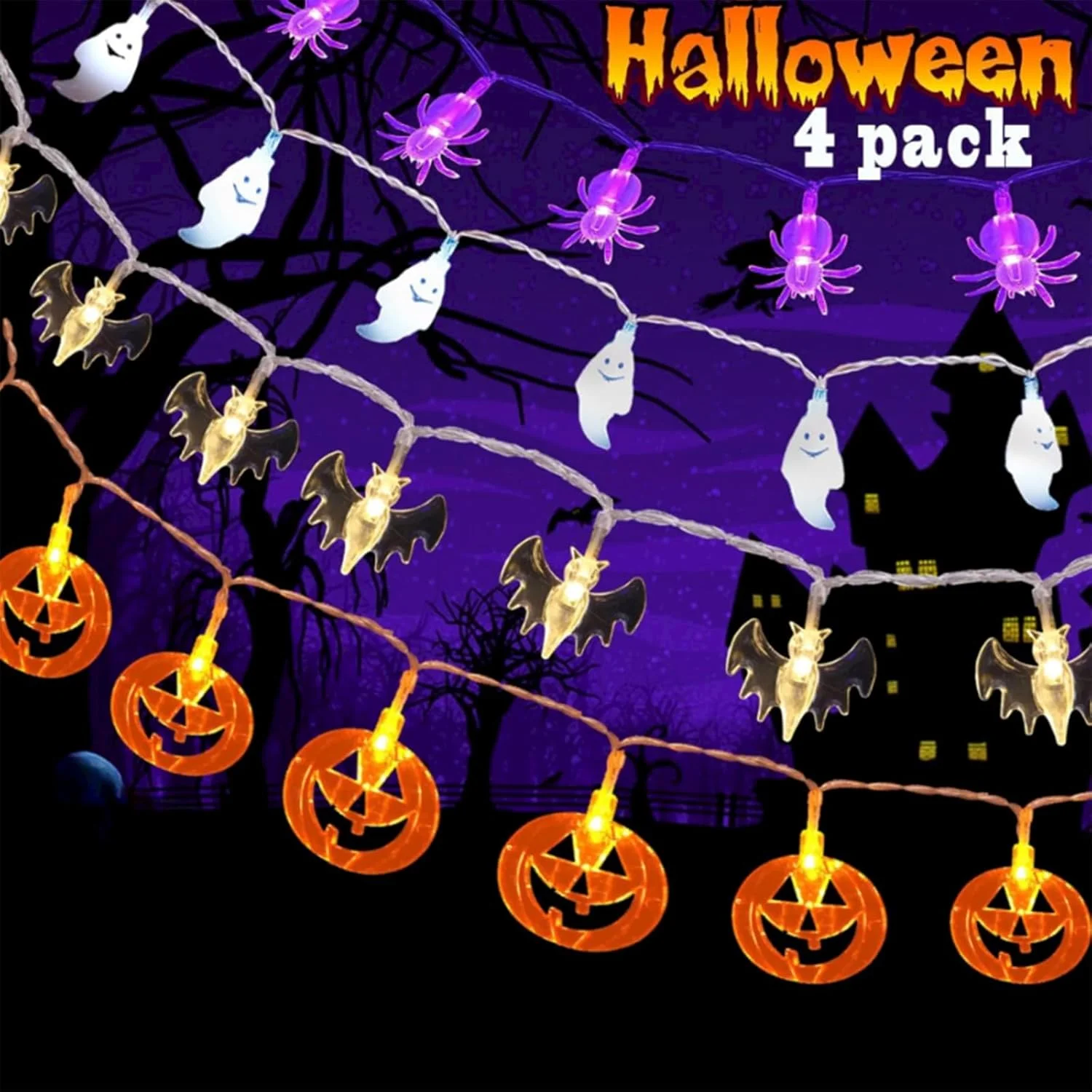 چراغ های رشته ای هالووین Beauenty با باتری، 4 چراغ تزئینی هالووین، چراغ های پری عنکبوتی کدو تنبل شبح خفاش با 10 LED برای تزئینات هالووین در فضای باز و داخلی، مهمانی