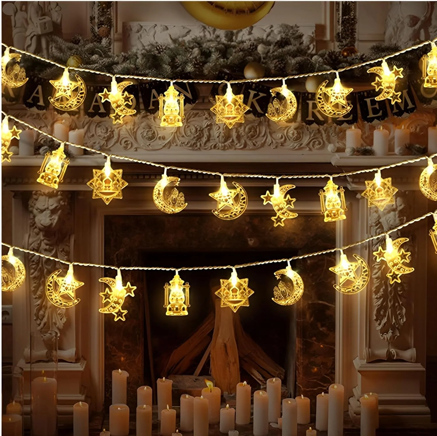 چراغ های رشته ای ماه رمضان Beauenty، 6 متری 40 ال ای دی فانوسی، با USB کار می کند، تزئینات برای خانه، عروسی، چراغ های آویزان ماه رمضان در فضای باز و داخلی، سفید گرم