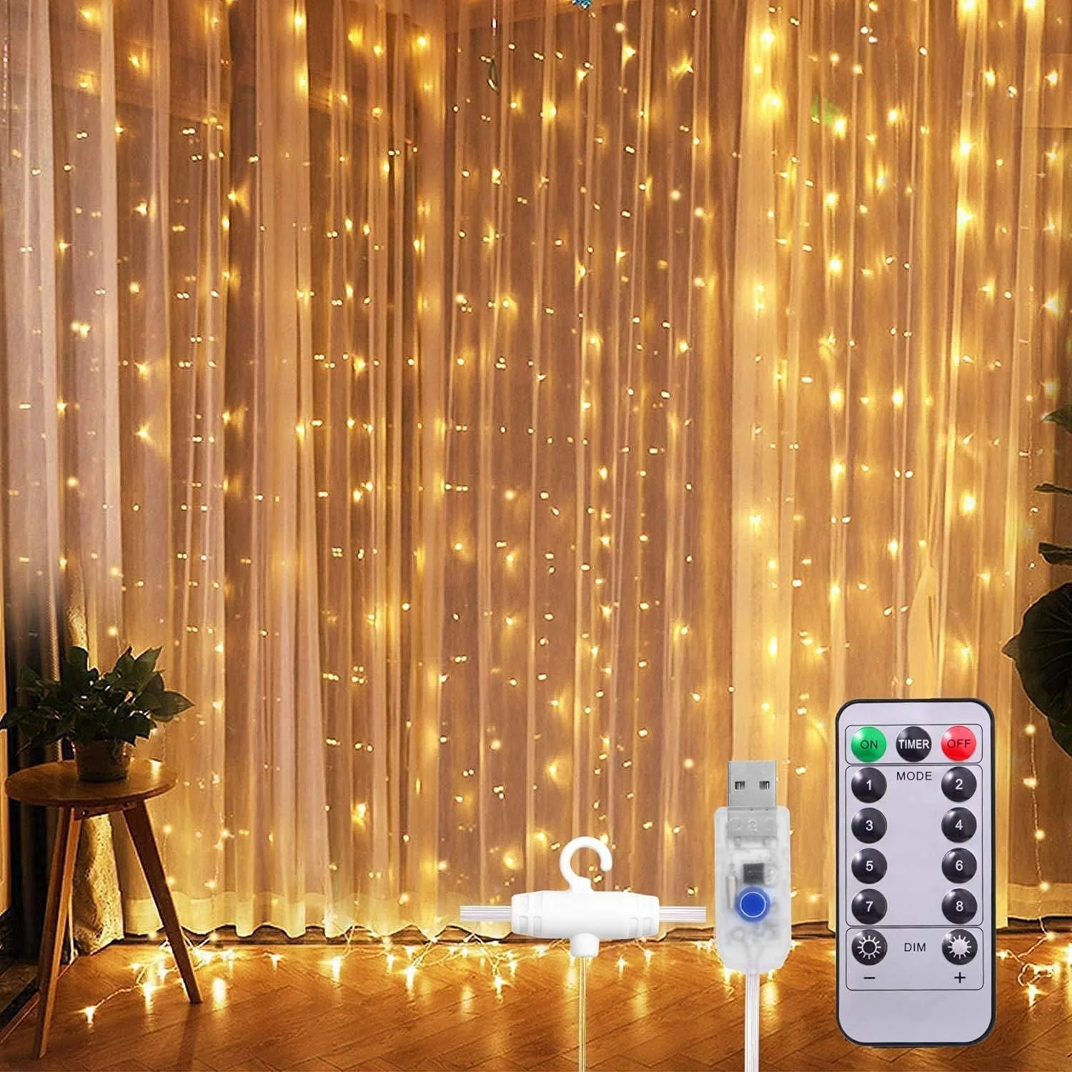 چراغ پرده ای 300 LED بیوتی، 3 متری، سفید گرم، ضد آب، کنترل از راه دور، تغذیه از طریق USB، مناسب برای داخل/خارج، کریسمس، عروسی، مهمانی، اتاق خواب، تزئینات باغ
