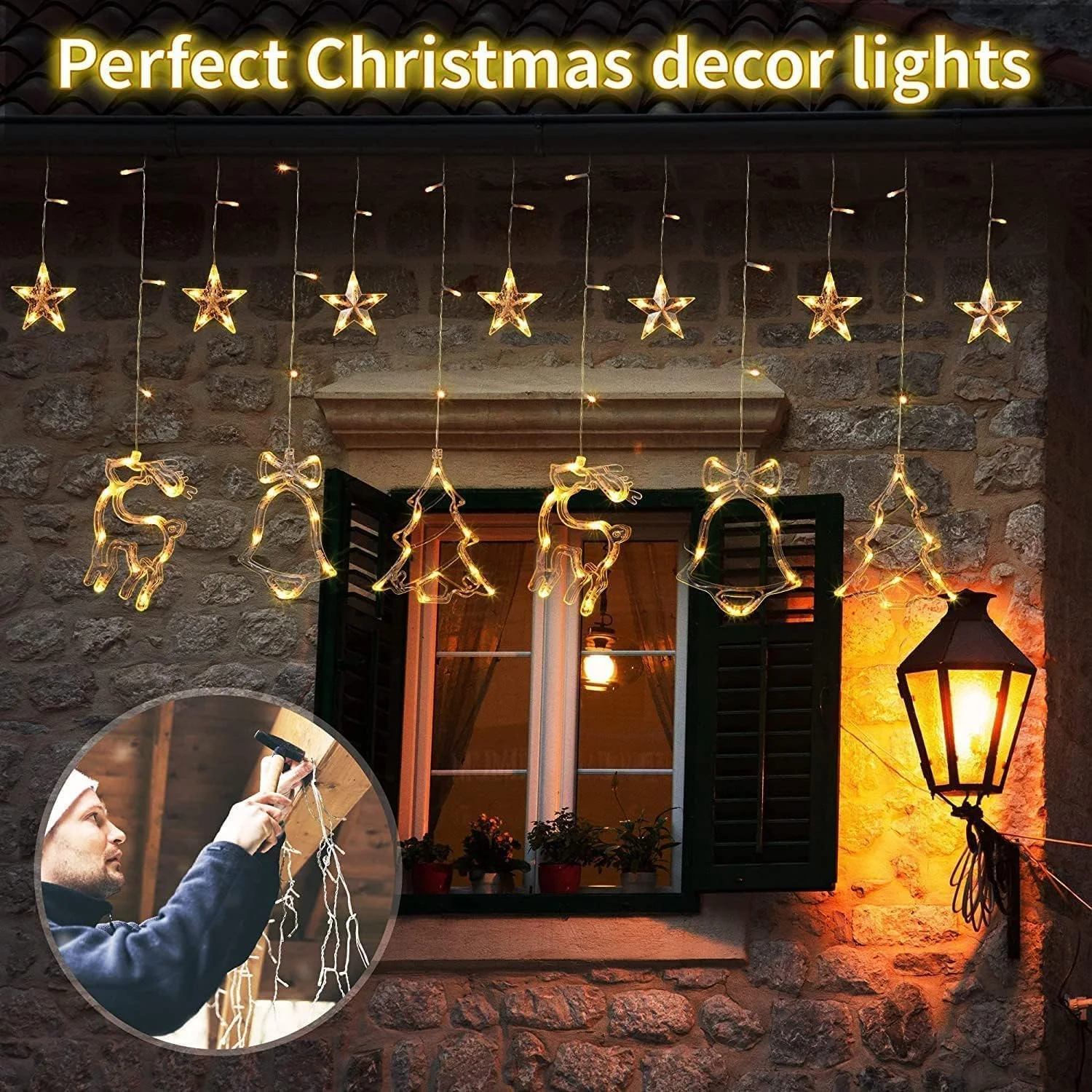 چراغ پرده ای کریسمس Beauenty، چراغ تزئینی LED کریسمس طرح زنگ و گوزن شمالی، چراغ ریسه ای 8 حالته مناسب فضای داخلی و خارجی برای تزئین دیوار اتاق خواب منزل (سفید گرم) چراغ پرده ای کریسمس Beauenty، چراغ تزئینی LED کریسمس طرح زنگ و گوزن شمالی، چراغ ریسه ای 8 حالته مناسب فضای داخلی و خارجی برای تزئین دیوار اتاق خواب منزل (سفید گرم)