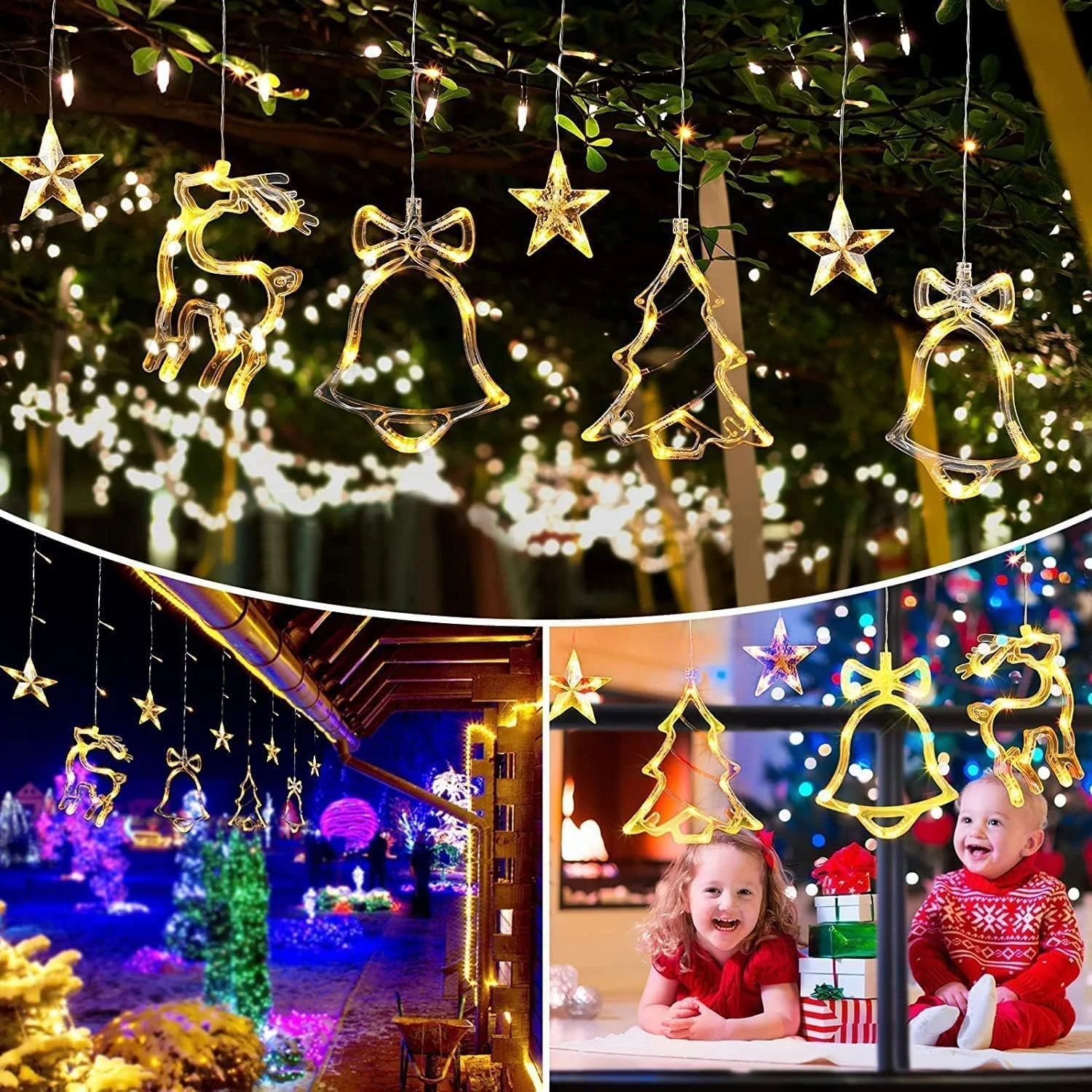 چراغ پرده ای کریسمس Beauenty، چراغ تزئینی LED کریسمس طرح زنگ و گوزن شمالی، چراغ ریسه ای 8 حالته مناسب فضای داخلی و خارجی برای تزئین دیوار اتاق خواب منزل (سفید گرم) چراغ پرده ای کریسمس Beauenty، چراغ تزئینی LED کریسمس طرح زنگ و گوزن شمالی، چراغ ریسه ای 8 حالته مناسب فضای داخلی و خارجی برای تزئین دیوار اتاق خواب منزل (سفید گرم)