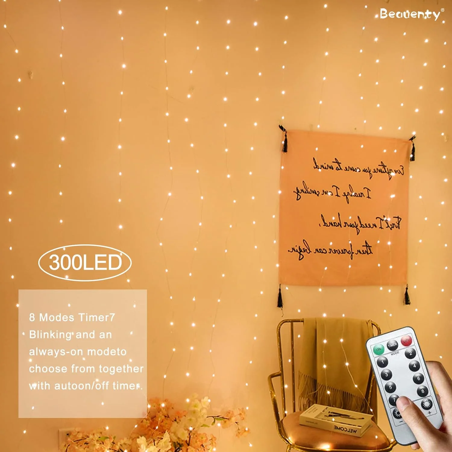چراغ پرده ای Beauenty با 300 LED، 8 حالت نورپردازی، تغذیه از طریق USB، ضد آب، چراغ های ریسه ای پری، مناسب برای عروسی، رمضان، خانه، باغ، اتاق خواب، دکوراسیون داخلی و خارجی، دیوار، کریسمس (سفید گرم) چراغ پرده ای Beauenty با 300 LED، 8 حالت نورپردازی، تغذیه از طریق USB، ضد آب، چراغ های ریسه ای پری، مناسب برای عروسی، رمضان، خانه، باغ، اتاق خواب، دکوراسیون داخلی و خارجی، دیوار، کریسمس (سفید گرم)