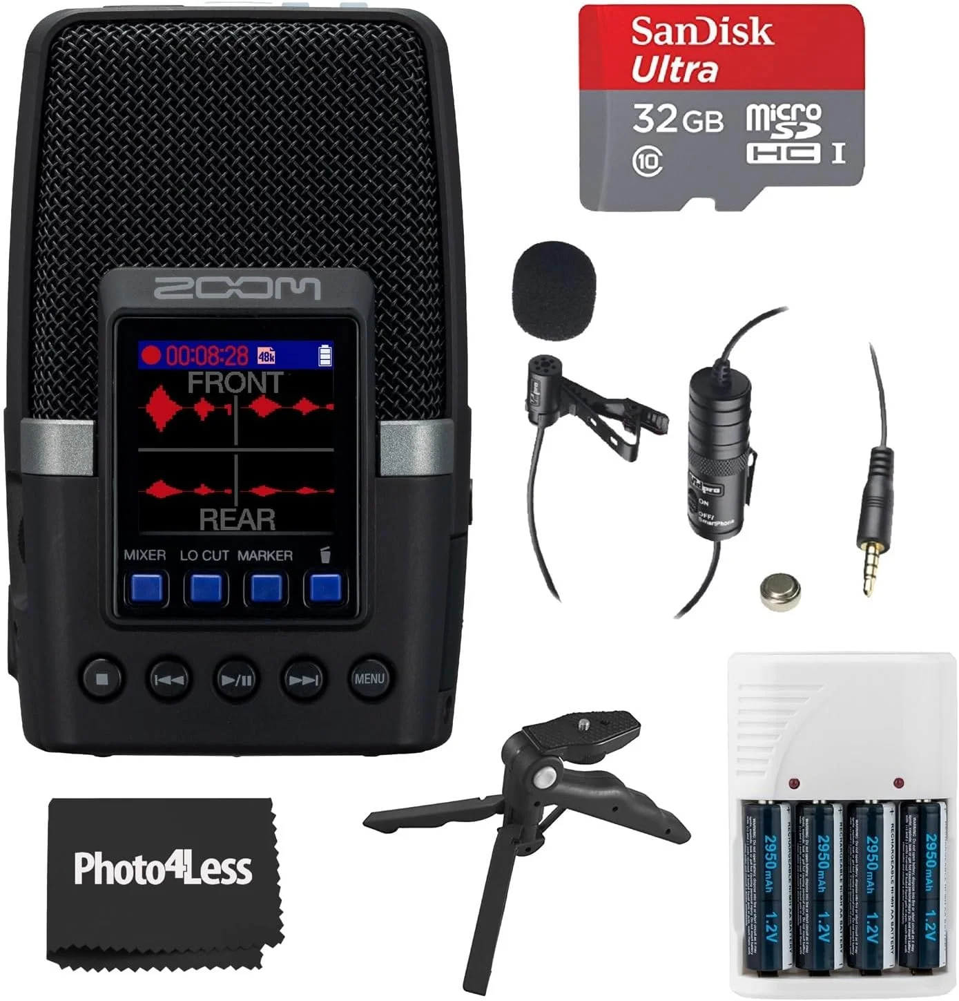 بسته ضبط کننده دستی چند میکروفونی Zoom H2essential به همراه کارت microSDHC 32 گیگابایتی با آداپتور، میکروفون کندانسور یقه ای حرفه ای Vidpro، 4 عدد باتری AA و شارژر، سه پایه رومیزی