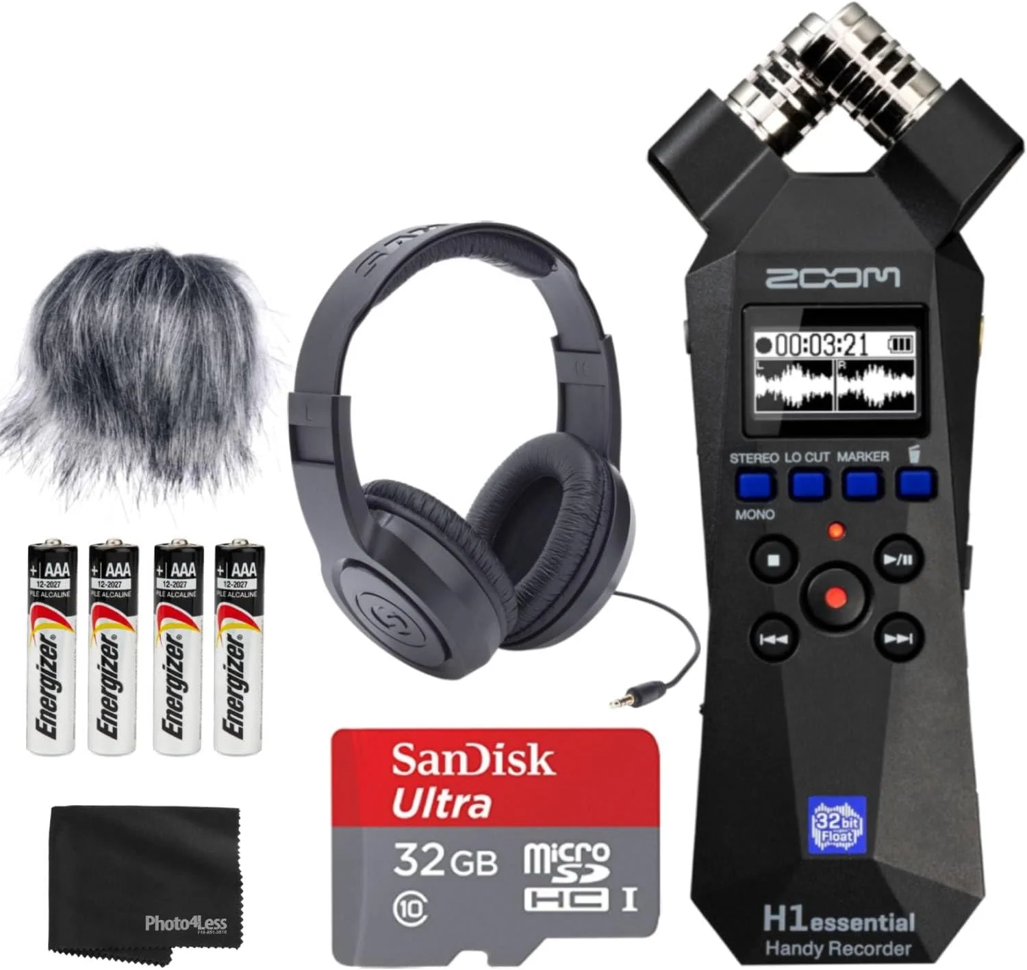 بسته ضبط کننده دستی Zoom H1essential با هدفون استریو رو گوشی، کارت microSDHC 32 گیگابایتی، بادگیر خزدار میکروفون، 4 عدد باتری AAA و لوازم جانبی